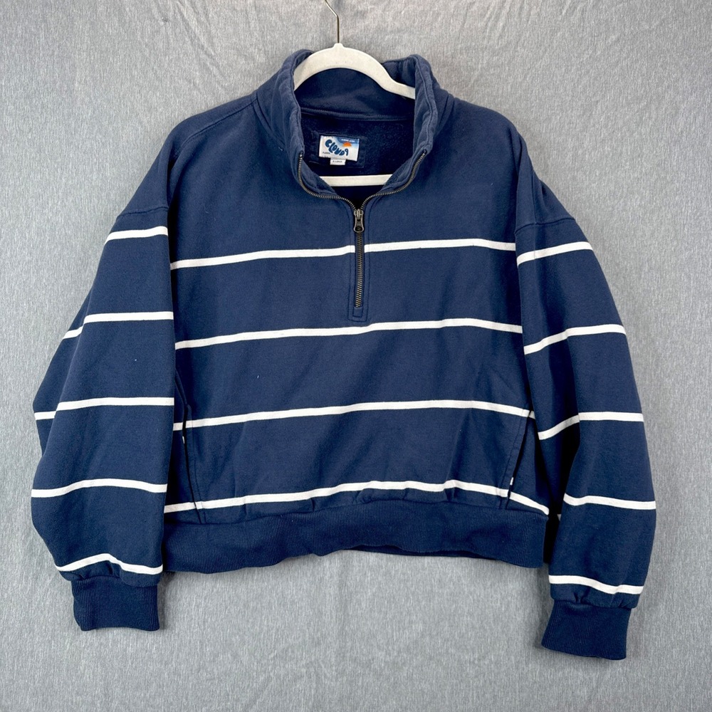 Marine Layer Cloud 9 Fleece 1/4 Zip Sweatshirt  Women Blue White Stripe Pockets